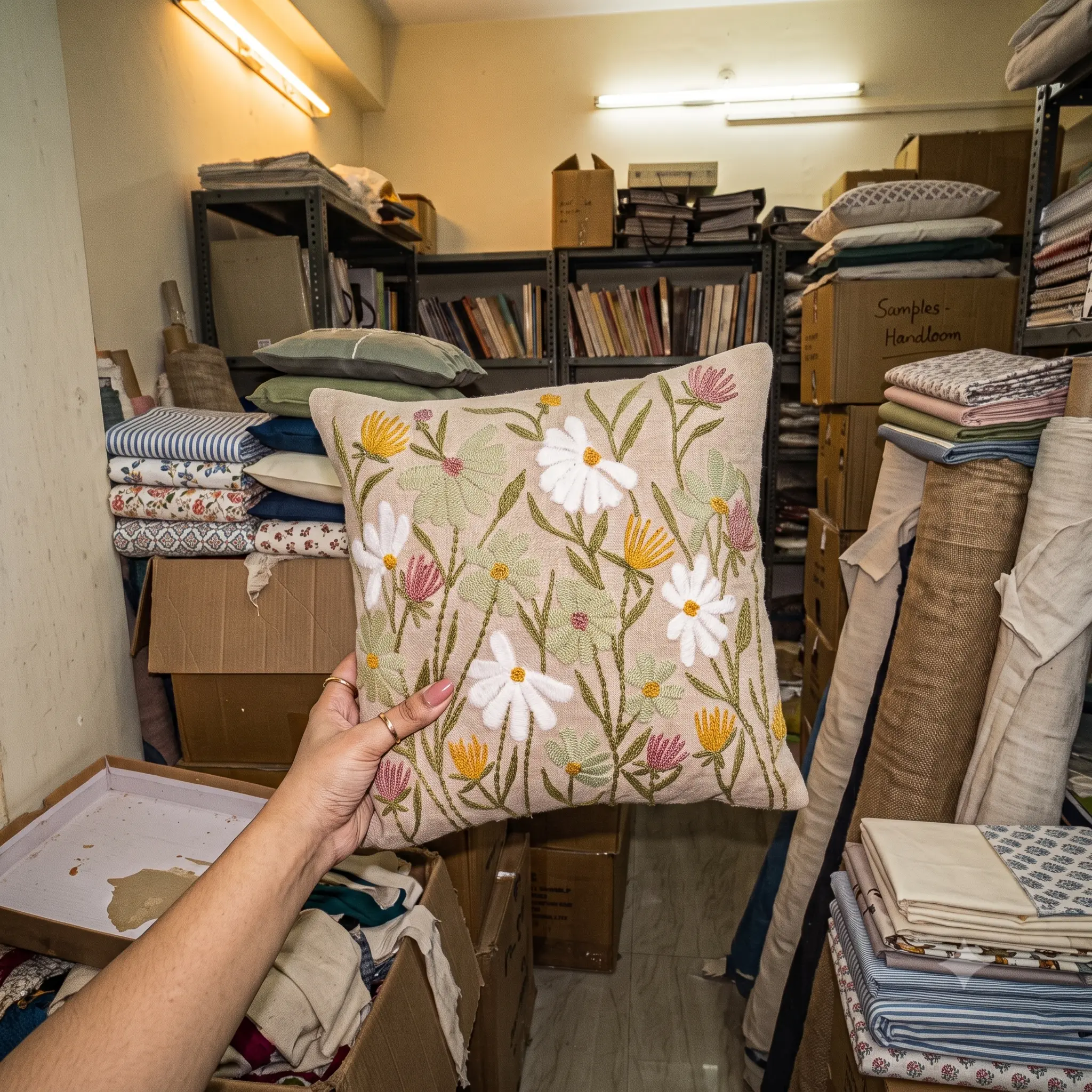 Raw photo of an embroidered floral cushion cover