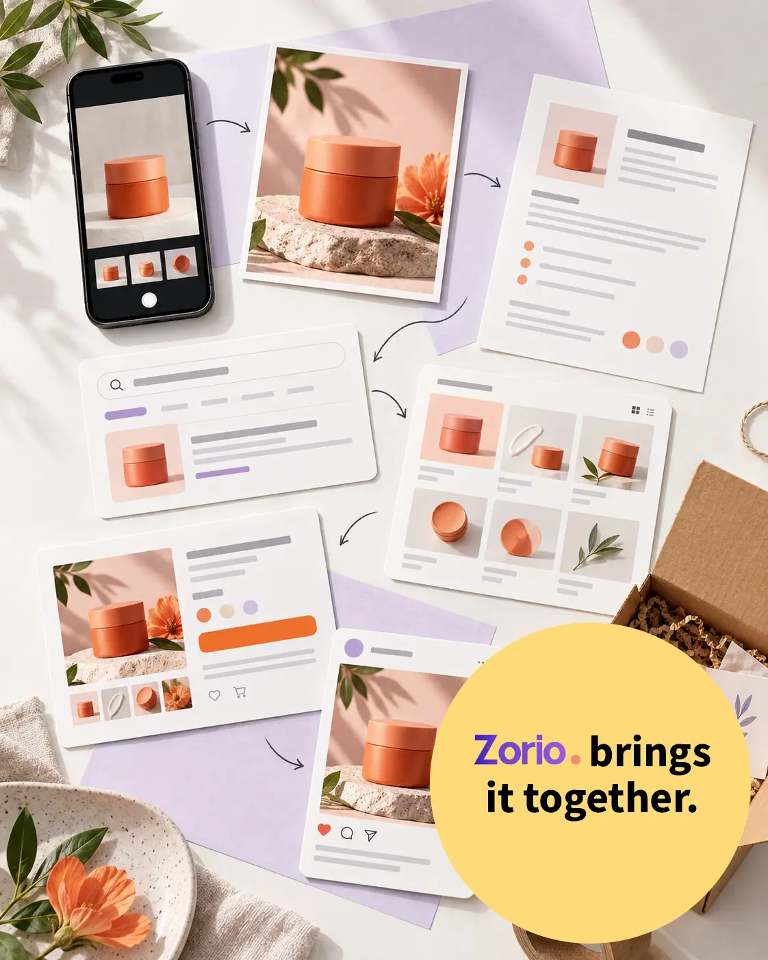 A product moving from a phone photo to content, catalogue and customer-ready marketing